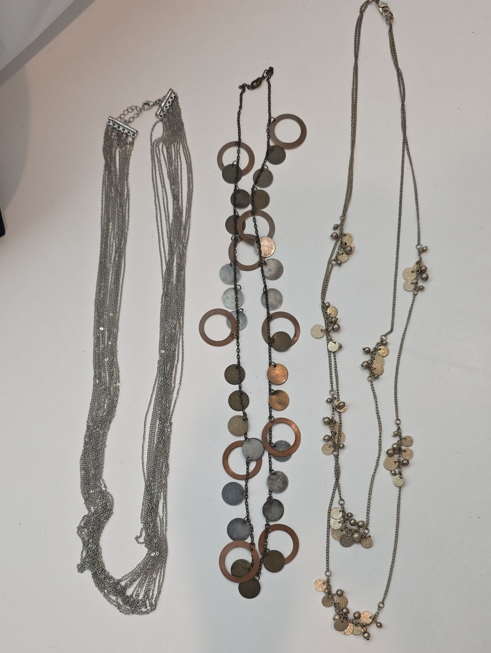 Trio Set Of Long Necklaces 6 Strand Silvertone, Double Strand And Single Strand